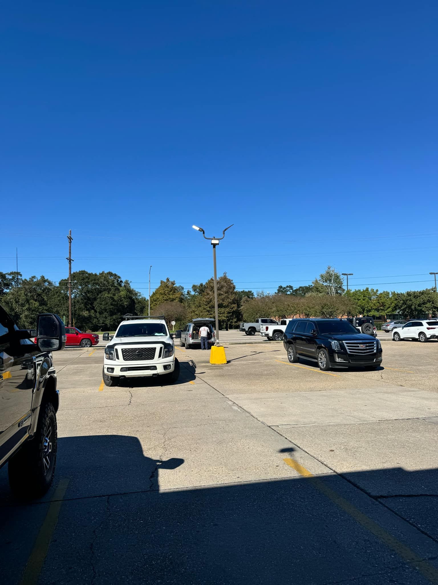 A lot of cars are parked in a parking lot on a sunny day.