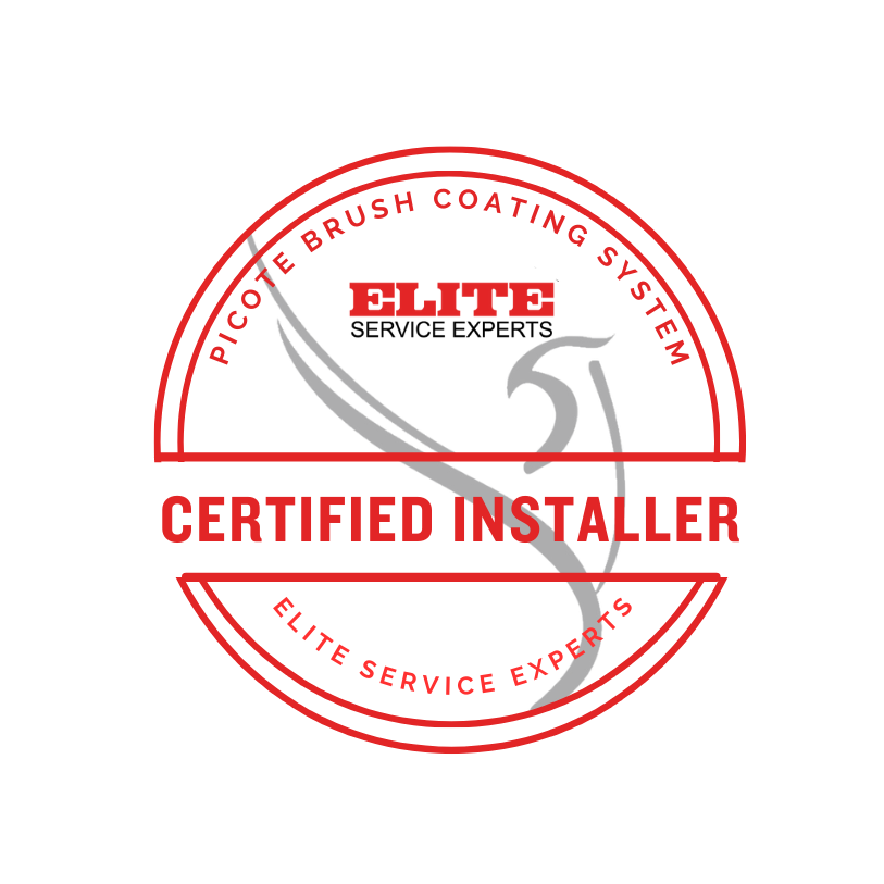 Red and white logo for Picote Brush Coating System, identifying Elite Service Experts as a certified installer.