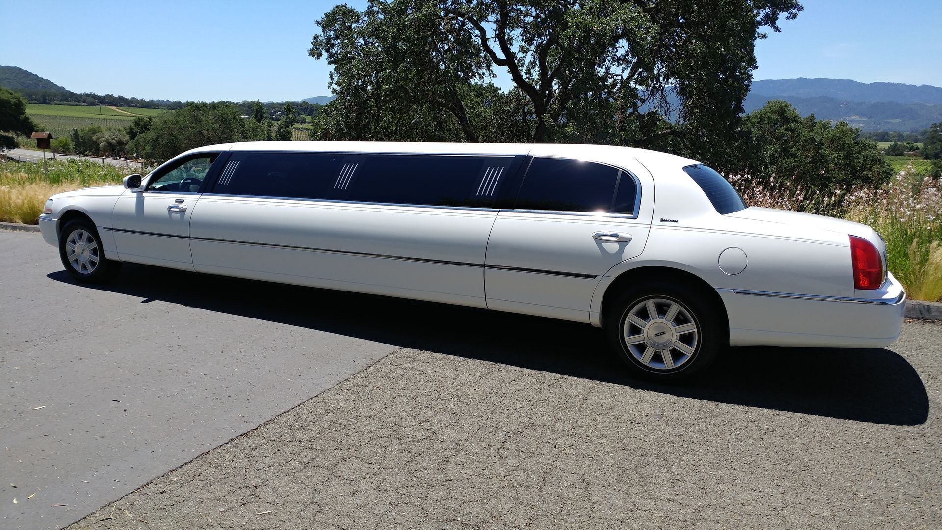 A white limousine is parked on the side of the road.