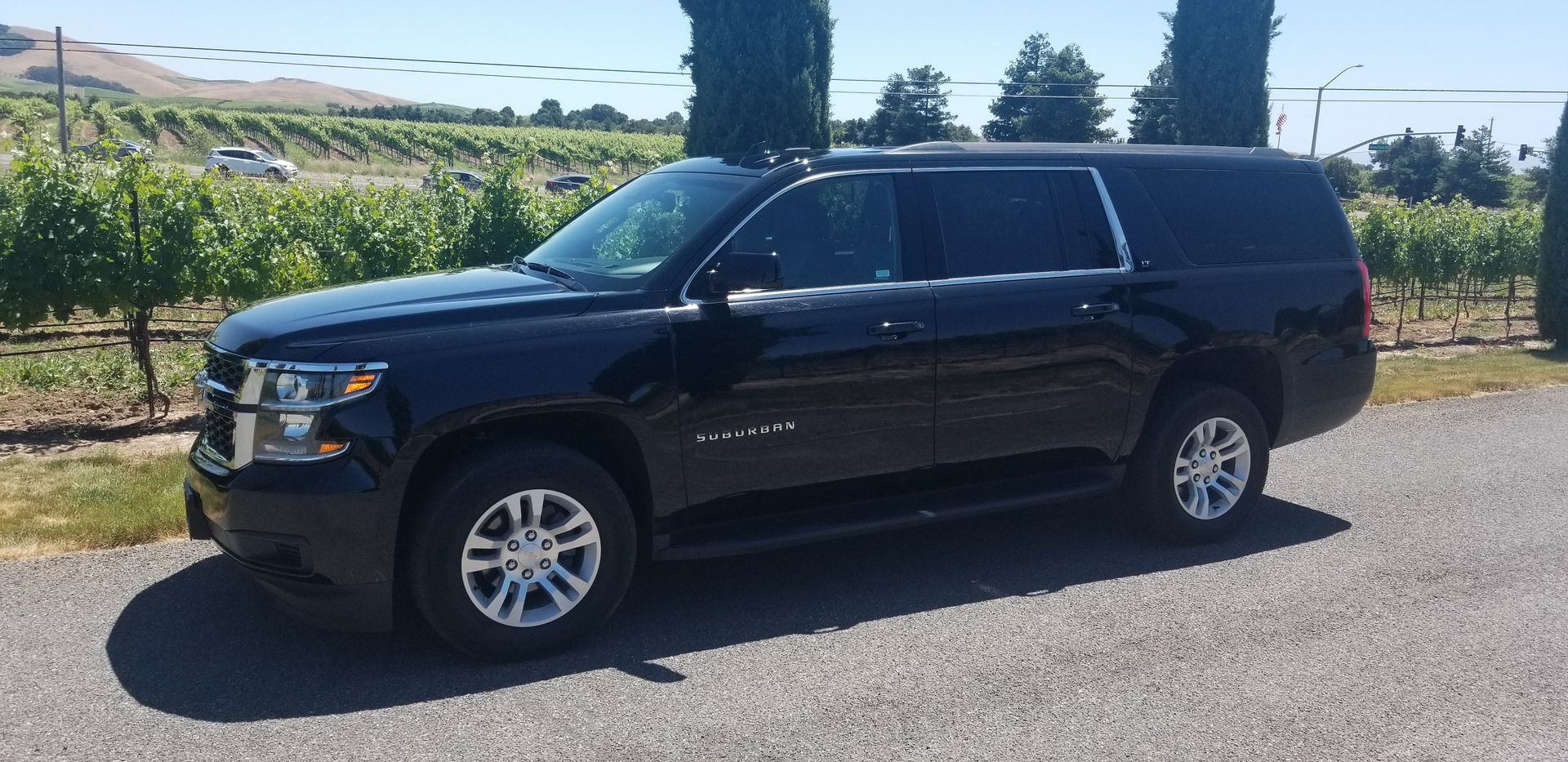 A black suv is parked in a gravel lot in front of a vineyard.