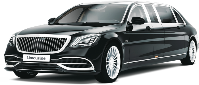 A black limousine is shown on a white background.