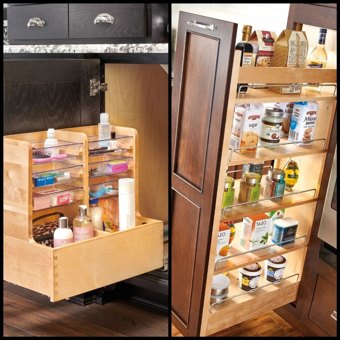 Two kitchen cabinet pull-out organizers, one for beauty products and one for food storage.
