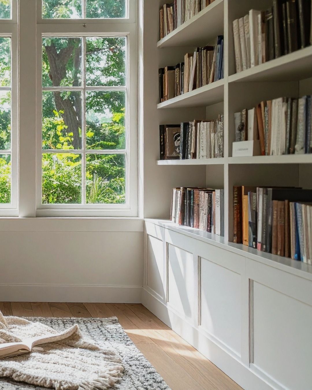 White built-in bookshelves with books next to a window overlooking green trees. A rug is on the wood floor.