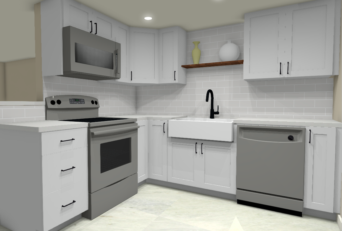 Modern kitchen with white cabinets, gray appliances, and a farmhouse sink.