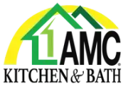 Logo for 1 AMC Kitchen & Bath: Green house over black "1 AMC," yellow arch, black "KITCHEN & BATH."