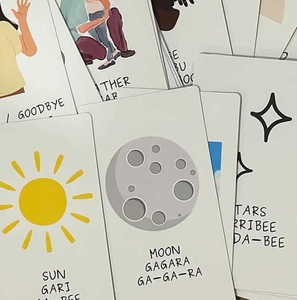 A bunch of cards with one that says moon gagara ga-ga-ra