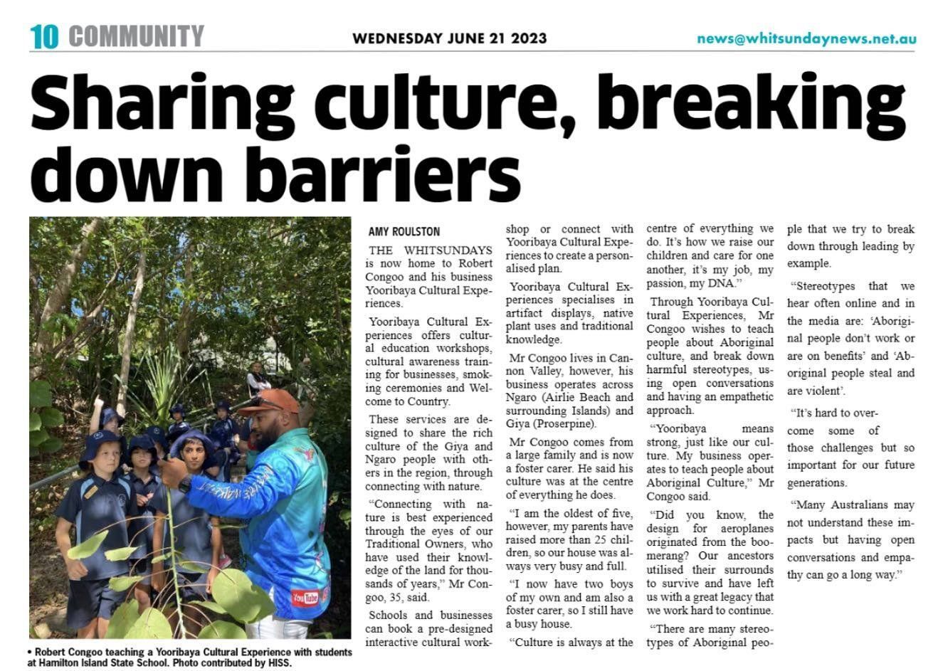A newspaper article about sharing culture , breaking down barriers