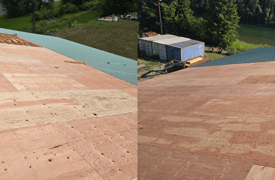 Two views of a roof with reddish-brown sheathing and green metal sheeting, looking out over a grassy area and structures.