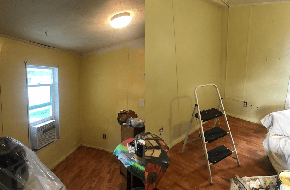 Two interior room views, yellow walls, wood floor, window with AC unit, ladder, work in progress.