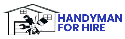Handyman logo: house outline with tools in hand; blue text "Handyman For Hire."