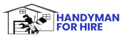 Handyman logo: house outline with tools in hand; blue text "Handyman For Hire."