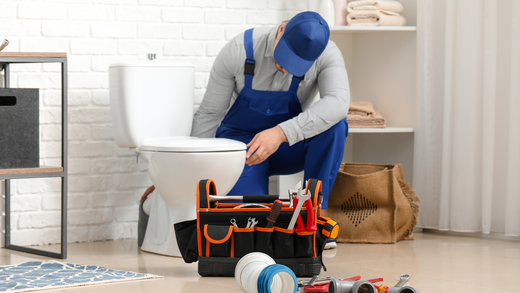 A plumber is fixing a toilet in a bathroom.