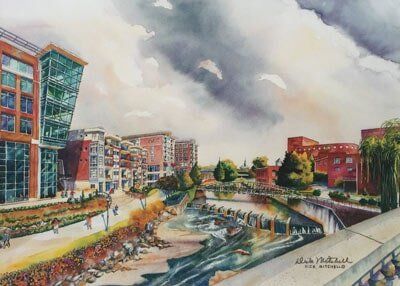 Signed Print by Dick Mitchell “Riverplace” — art prints Greenville, SC