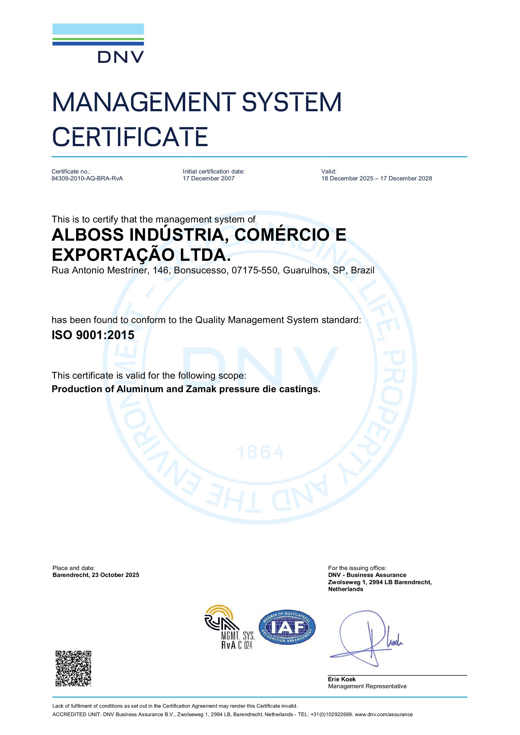 Certificado ISO-9001-84309-2010 da Alboss
