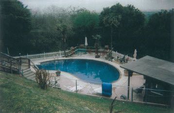 A large swimming pool is surrounded by trees and a fence.