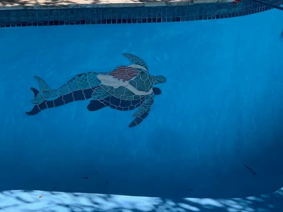 A mosaic of a sea turtle is swimming in a pool.