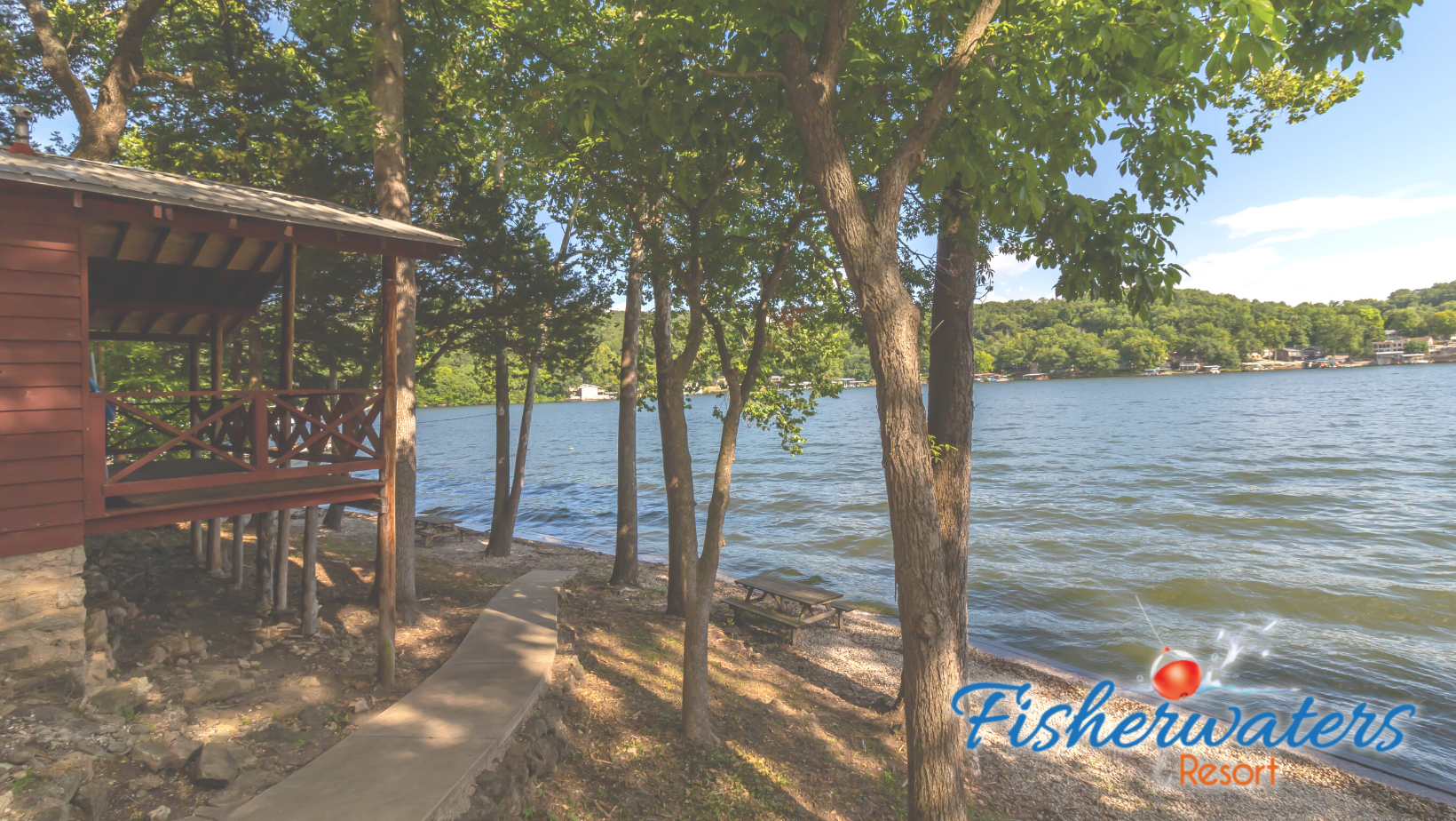 A cabin on the shore of a lake with fisherwaters written on the bottom