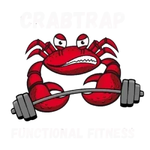 Red crab lifting weights, "Crabtrap Functional Fitness" logo.
