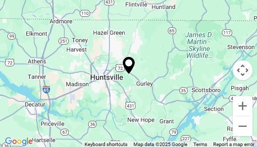 Map showing Huntsville, Alabama, with a location marker on the city.