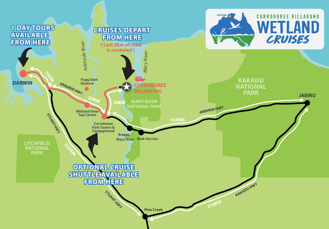 A map for wetland cruises is shown on a green background