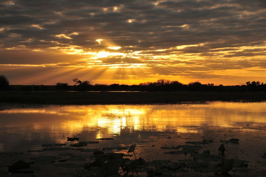 The sun is setting over a body of water