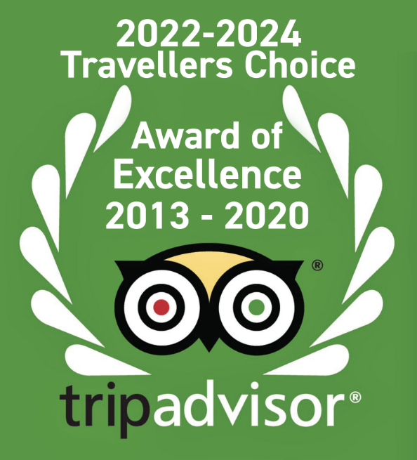 A green tripadvisor logo that says 2022-2024 travellers choice award of excellence 2013-2020
