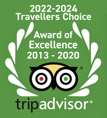 A green tripadvisor logo that says 2022-2024 travellers choice award of excellence 2013-2020