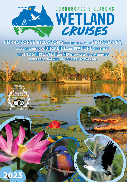 A poster for wetland cruises with birds and flowers on it.