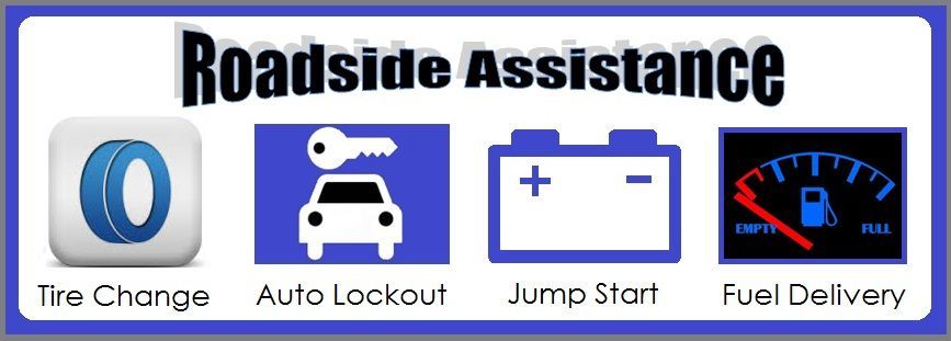 Roadside assistance services icon with tire change, auto lockout, jump start and fuel delivery.