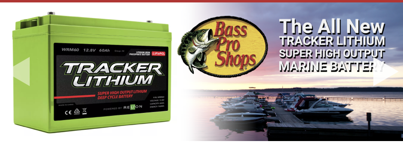 Green Tracker Lithium battery advertisement for Bass Pro Shops.