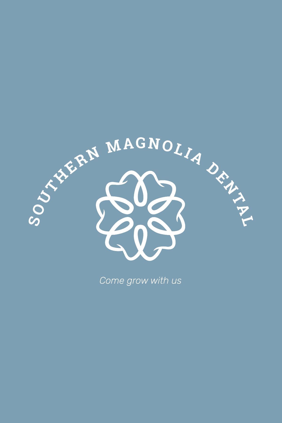 Southern Magnolia Dental logo in white on a blue background; a floral design and tagline.