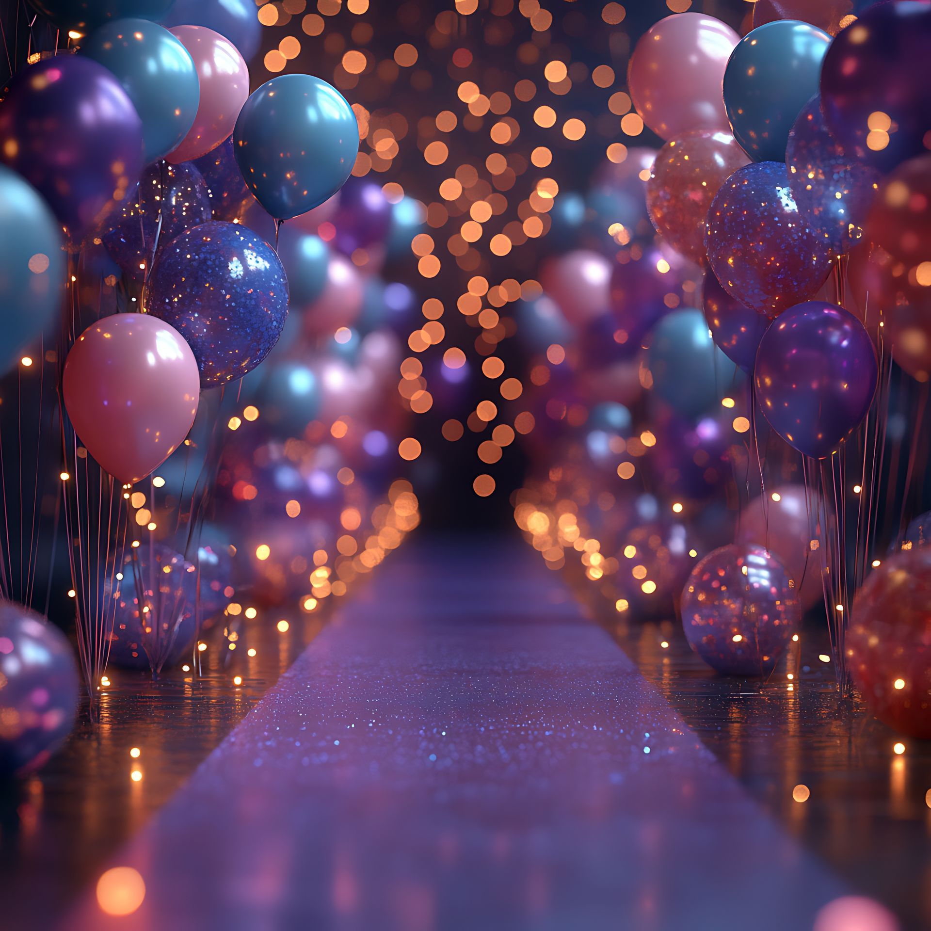 A purple carpet is lined with balloons and lights.