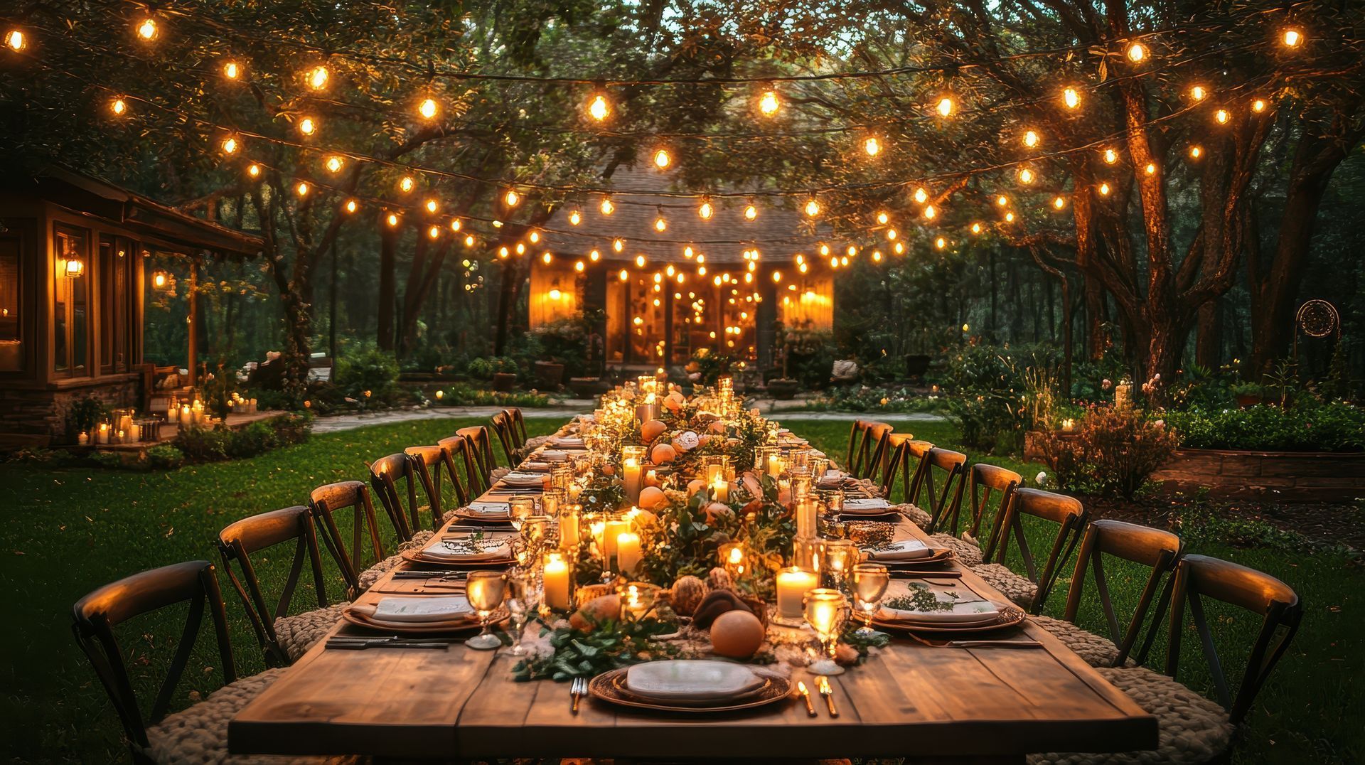 A long wooden table is set for a dinner party in the woods.