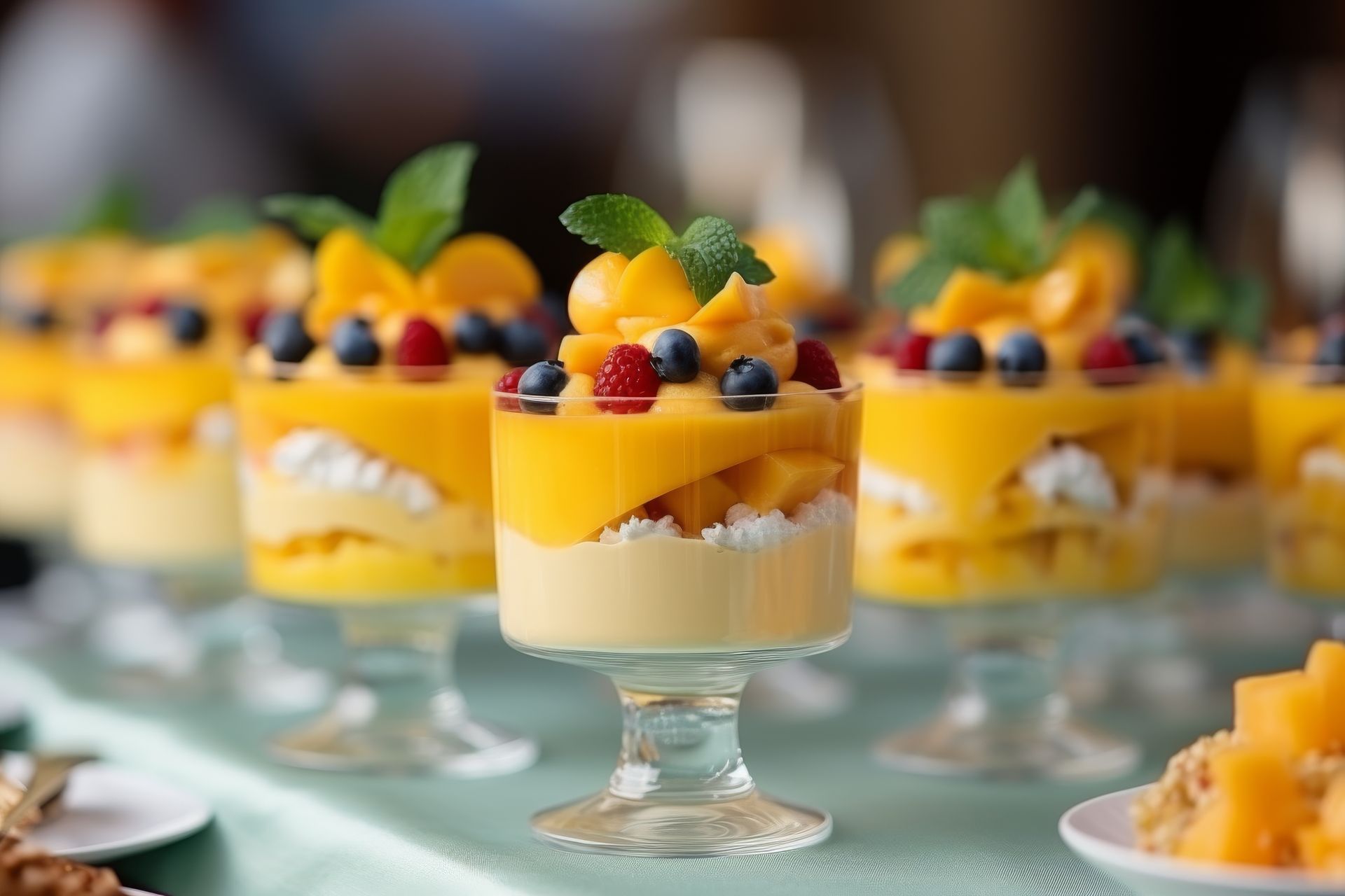 A row of desserts with fruit on top of them on a table.