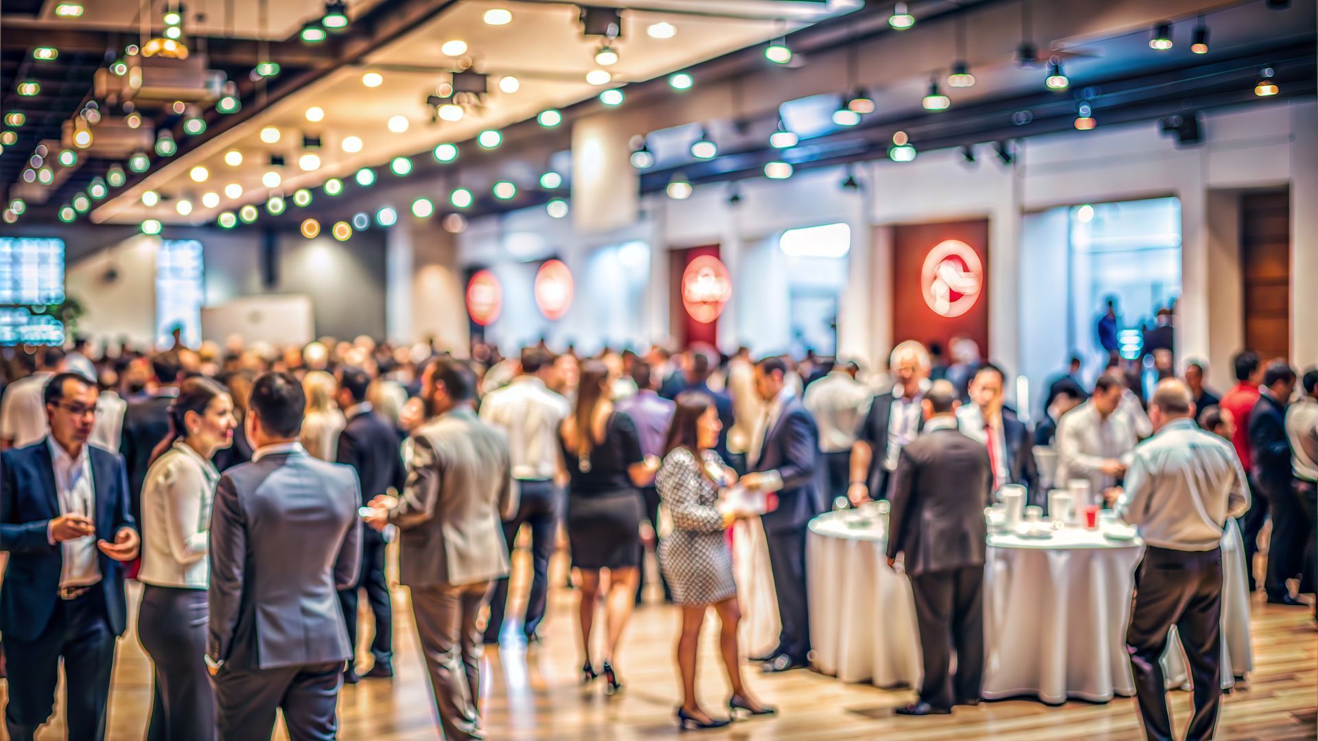 A large group of people are standing around tables at a conference.