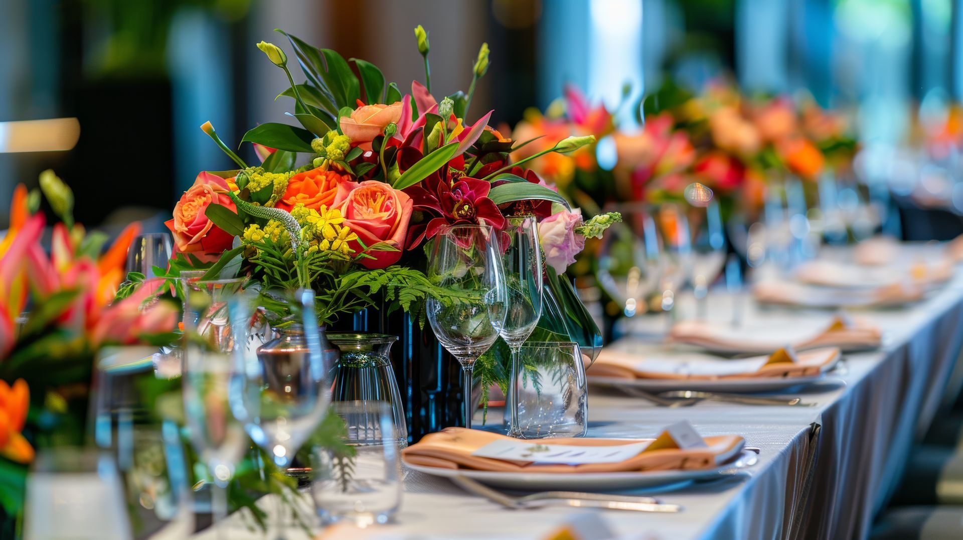 A long table with plates , glasses , and flowers on it.