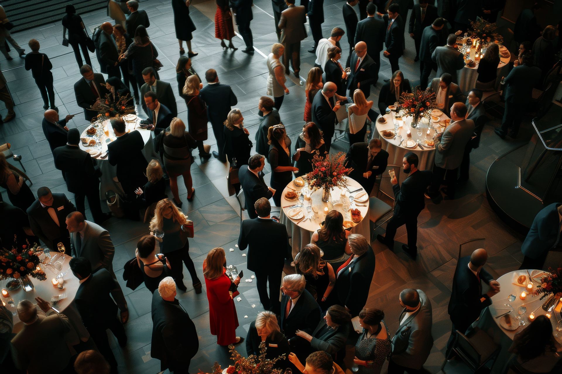 A large group of people are standing around tables at a party.