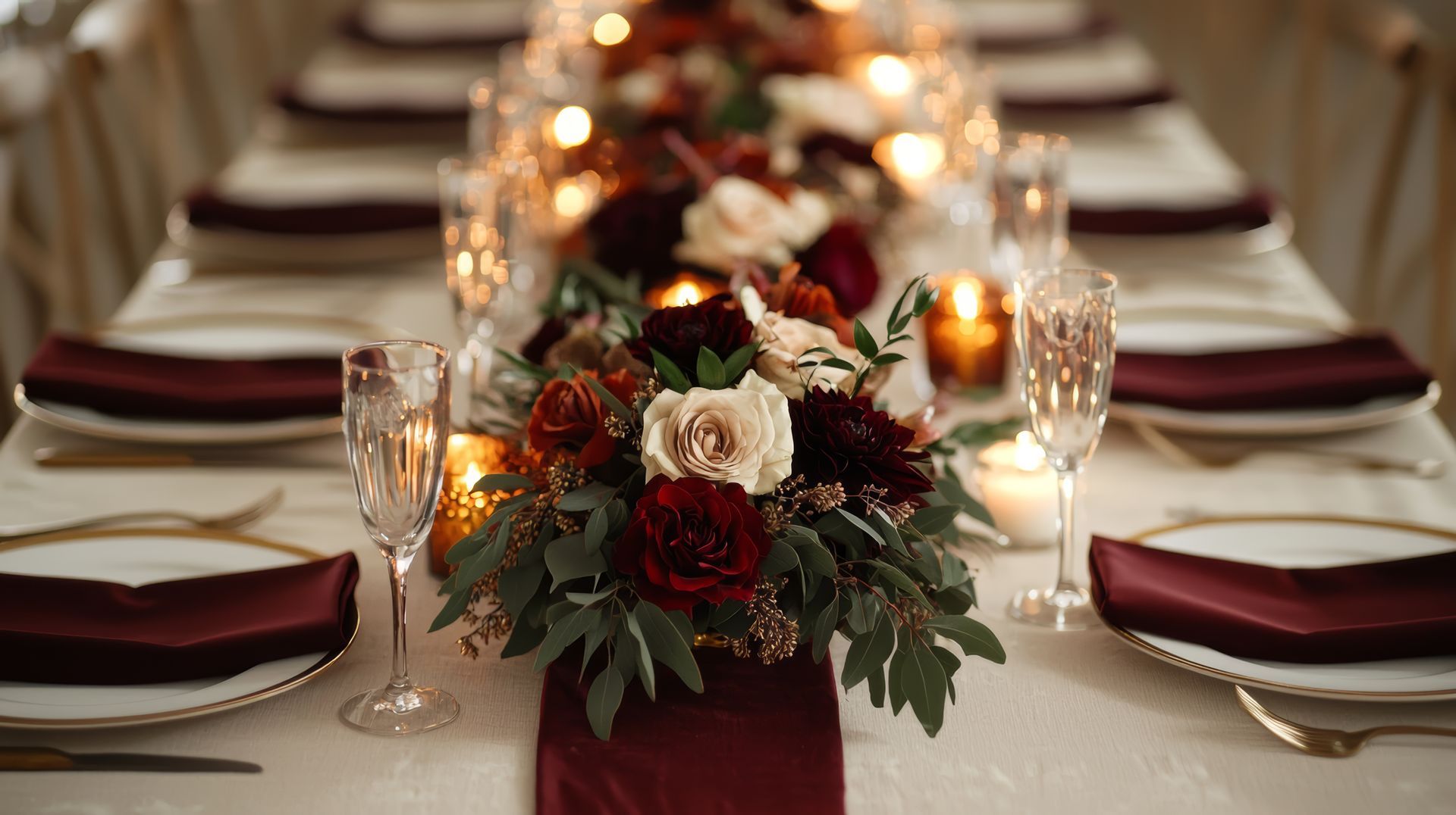 A long table with plates , candles , and flowers on it.