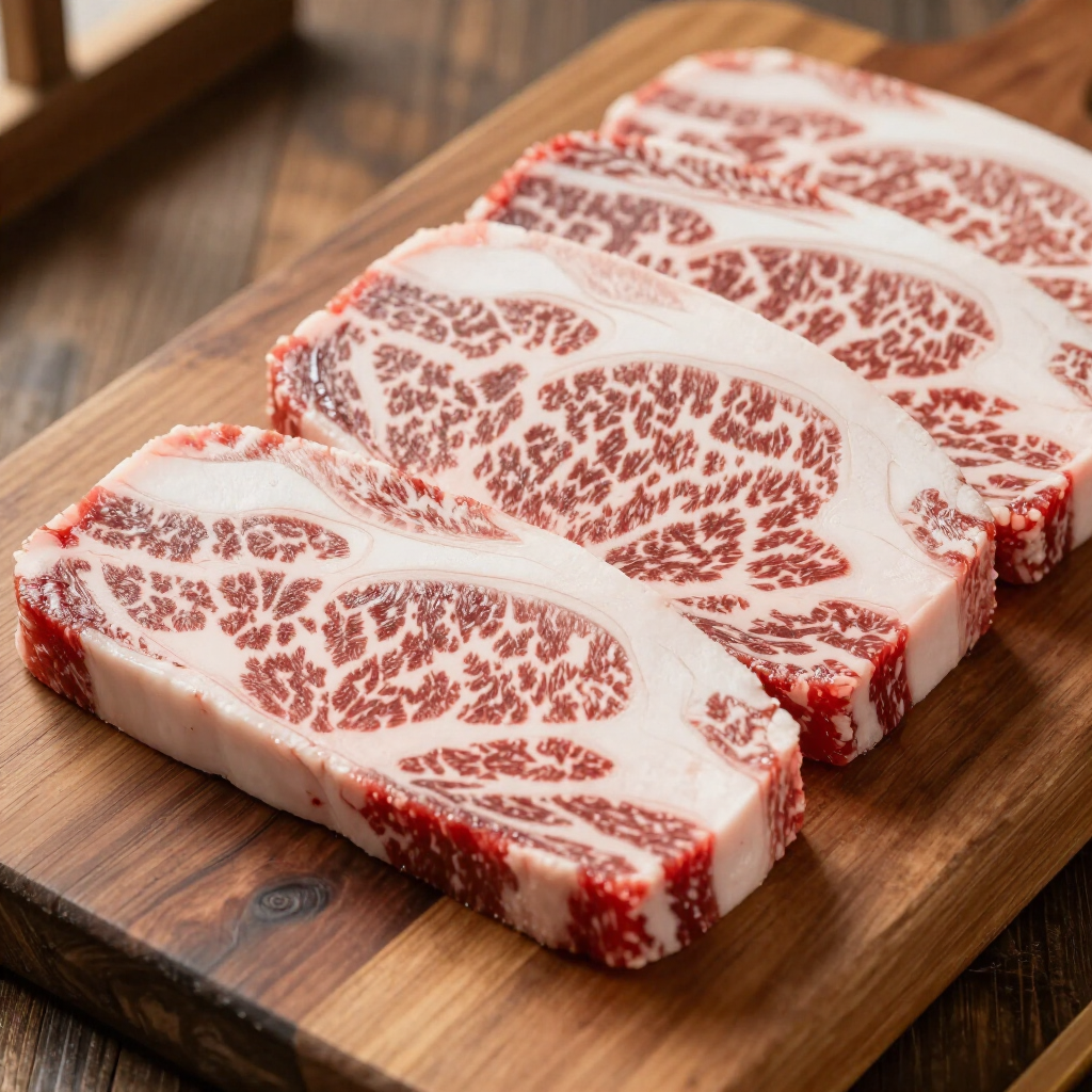 Three thick, raw steaks with high-quality marbling arranged on a wooden cutting board.