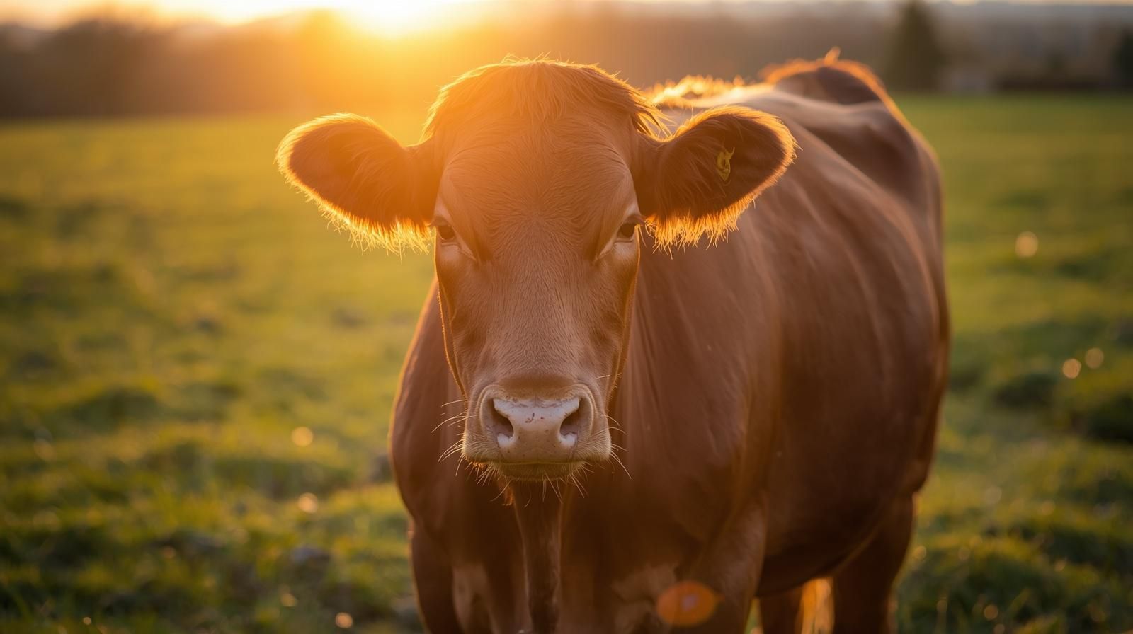 A brown cow stands in a pasture during a warm golden sunset.
