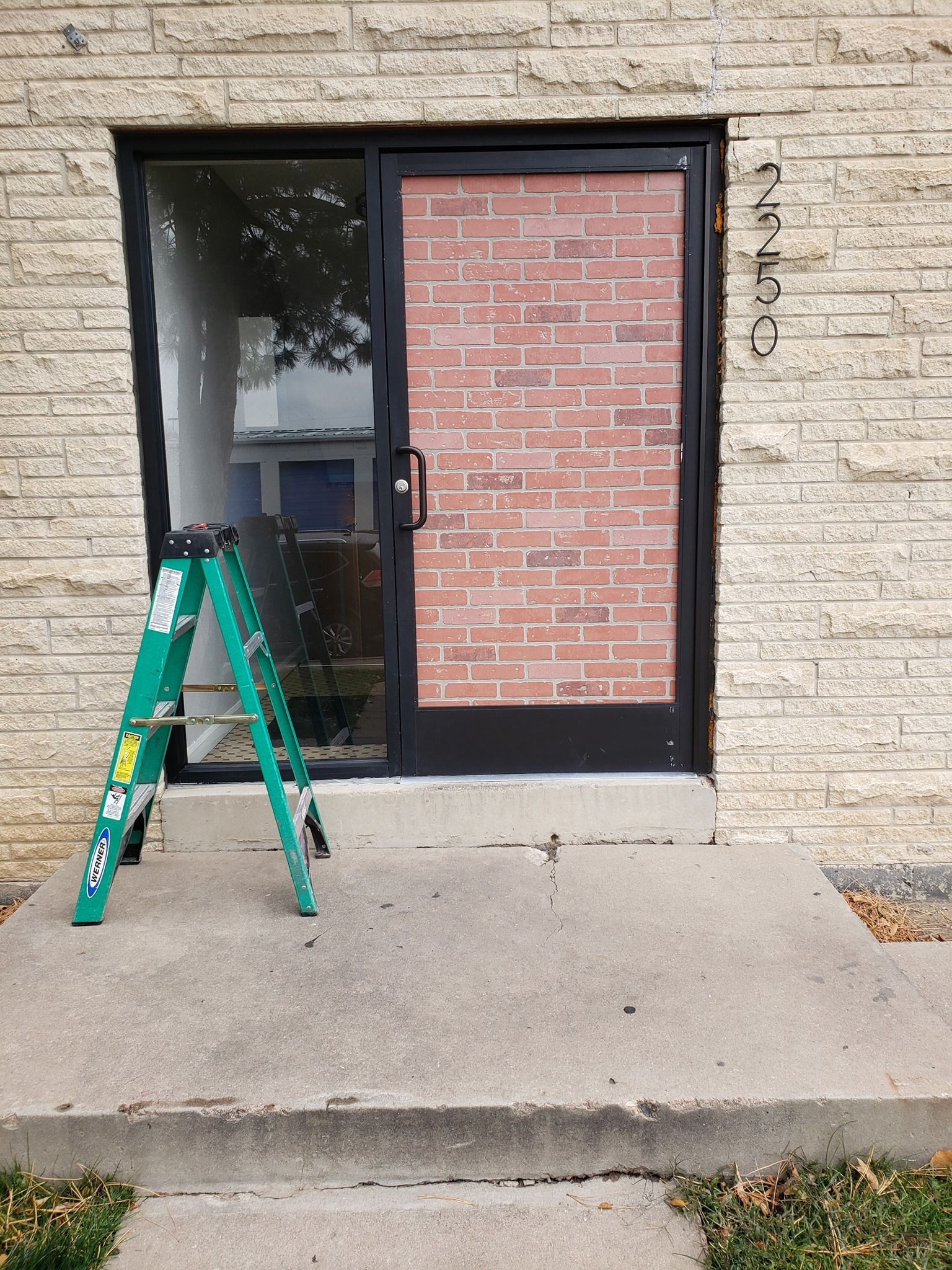 Green ladder outside a building entrance with a brick-patterned door and glass panel.