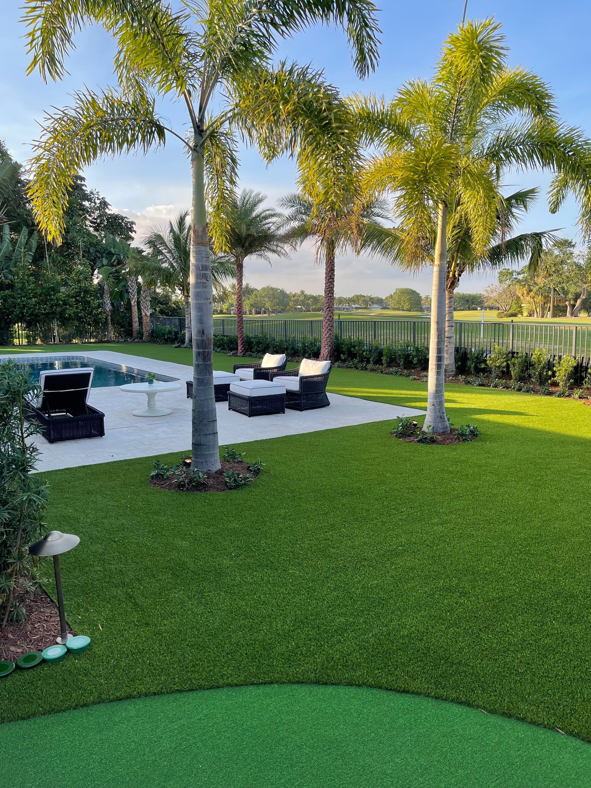 A lush green lawn with palm trees and a swimming pool in the background.