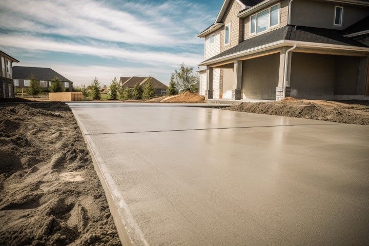 A newly poured concrete driveway leads to the garage of a suburban house under a blue sky with scattered clouds.
