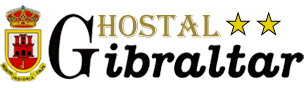 Logotipo del Hostal Gibraltar con estrellas doradas y un escudo rojo y dorado sobre fondo blanco.