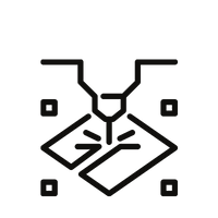 A black outline icon of a laser cutting machine processing a material sheet with sparks flying from the contact point.