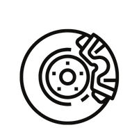 A black line-art icon of a vehicle disc brake system with a brake caliper positioned over the rotor.
