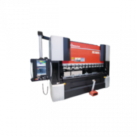 A red and white Amada press brake industrial machine with a digital control panel on a stand against a white background.