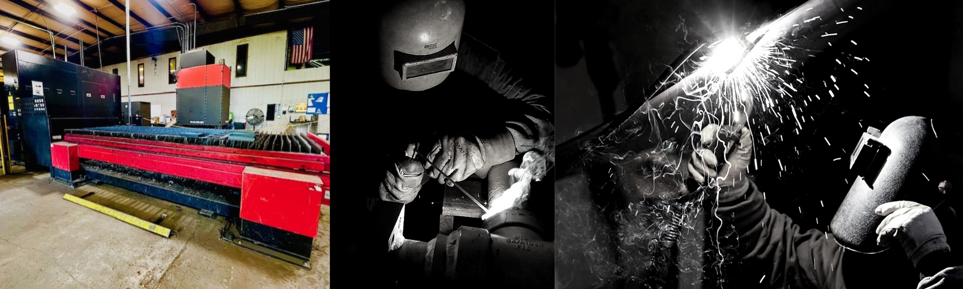 A red industrial machine in a workshop, alongside two views of a person using a welding torch to join metal with sparks.