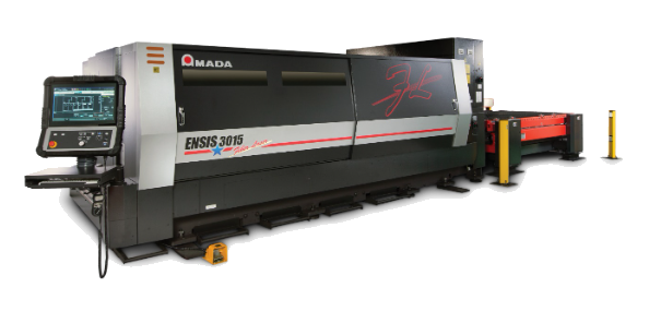A black and silver Amada ENSIS-3015AJ fiber laser cutting machine with a digital control panel on a white background.