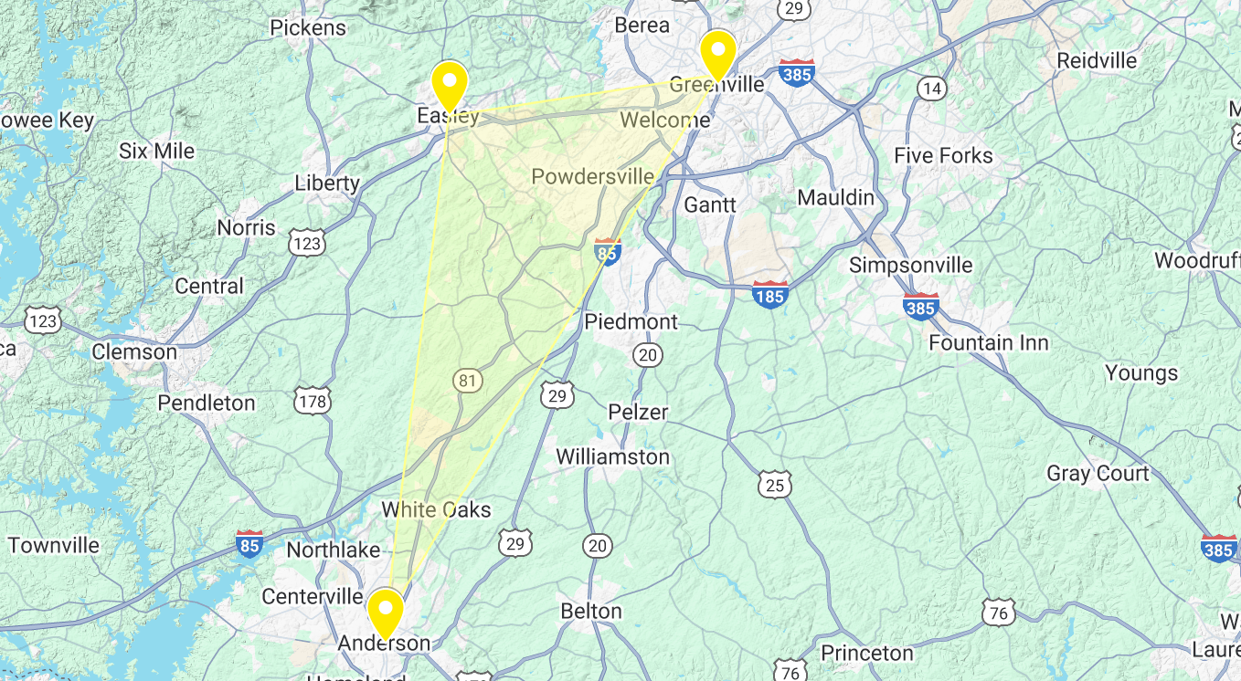 Map of Greenville, Anderson, and Easley - South Carolina